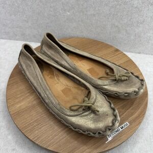 Fossil Shoes Womens 7 Gold Leather Moccasin Flats Bow Slip On Casual Comfort